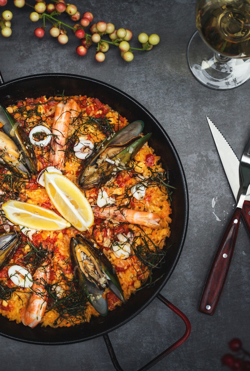 Seafood paella in grand catering pan