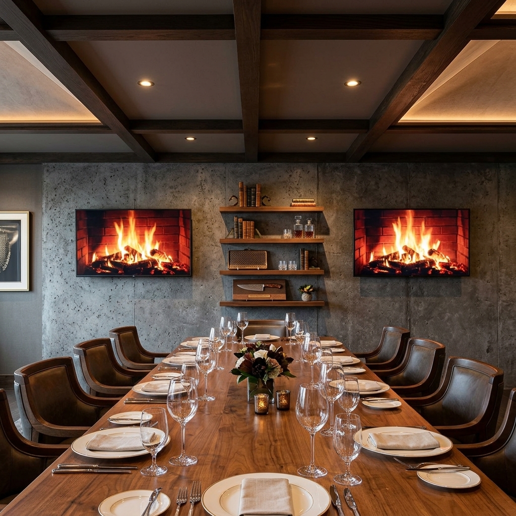 State Room private dining table with dual fireplace monitors