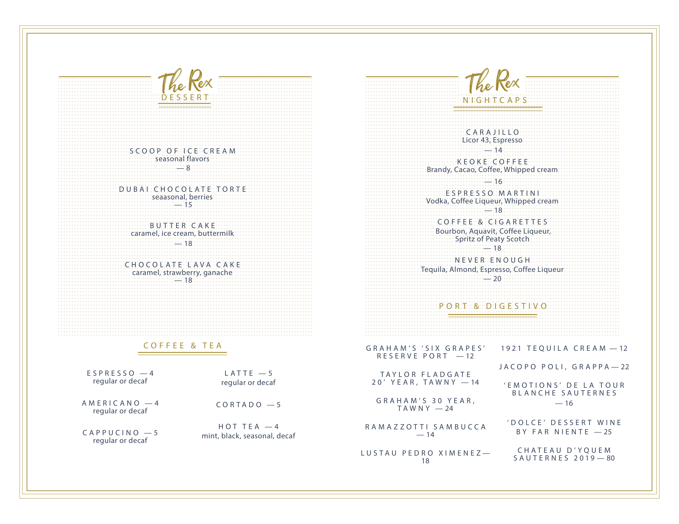 The Rex Dessert Menu