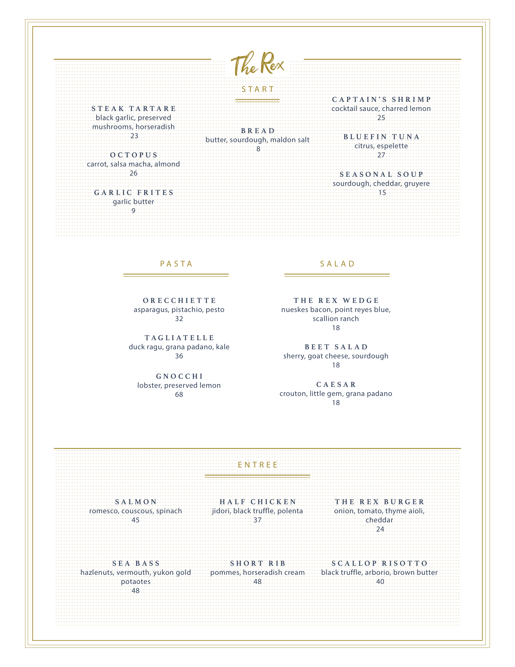 The Rex Dinner Menu